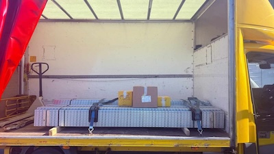 Photo of pallet loaded and strapped down